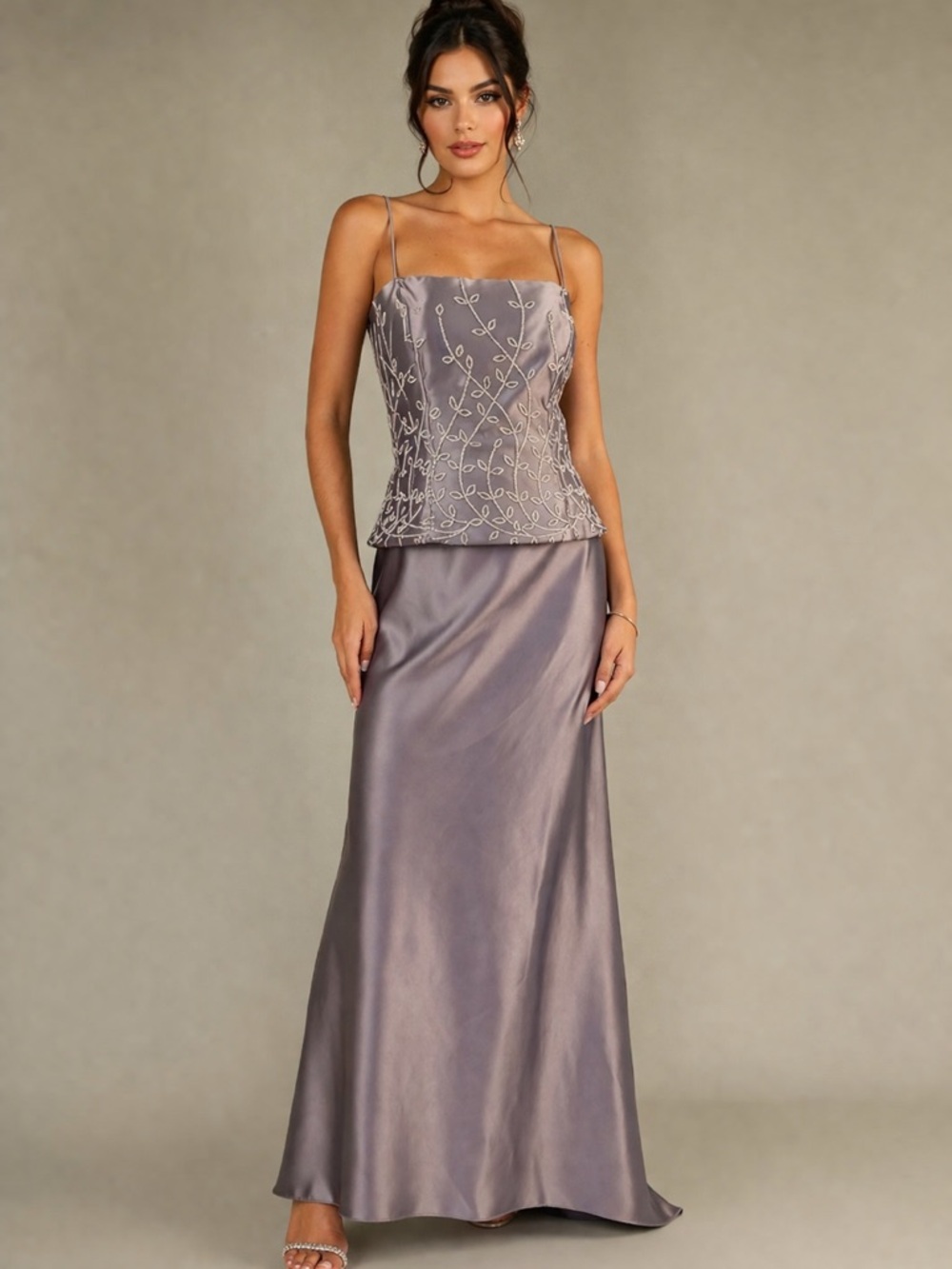 Alfred Angelo Plum Lavender Satin Dress Intricate Leaf Sequin Detail Jewel Tone
